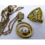 9ct 'Goodyear' long service badge and a 9ct pearl pendant necklace (metal replacement clasp link),