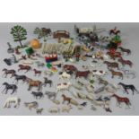 Extensive collection of lead vintage painted toy farm animals, carts, fences, farm workers etc,