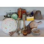 Box of interesting items to include pigeon clock, school bell, mottled glass Deco shade, fire