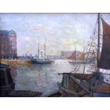 20th century school - Busy harbour scene with sailing vessels, tug boats, etc, oil on canvas,