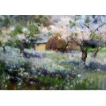 Jane Lampard (contemporary local artist) - Study of an orchard with blossom and wild flowers, pastel