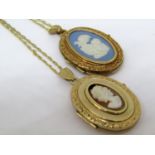 Two 9ct locket pendant necklaces; a shell cameo (af) and a Wedgwood Jasperware example, 9g total (2)