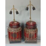 A pair of Chinese red lacquered tea canisters, with woven wickerwork finish, converted to lamps