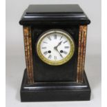 19th century black slate twin train mantel clock, the enamel dial with Roman numerals and darted