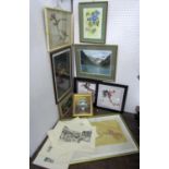 A collection of pictures and prints including an oriental watercolour on paper study of a bird