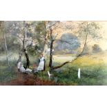 Benjamin D Sigmund (British 1857-1947) - Wooded landscape with children gathering twigs, watercolour