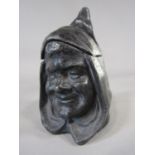 Unusual antique lead caddy, cast in the form of a cloaked ladies head, 16 cm high