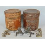 A Chinese bamboo pot and cover, the alternating panels showing a phoenix, characters and landscapes,