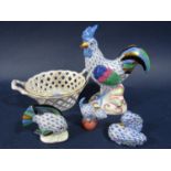 A collection of Herend wares comprising a model of a cockerel, 15cm tall approx, a group of two