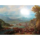 In the 18th century continental school manner - Extensive river landscape with market, figures,