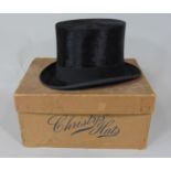 Black silk top hat by Christys' London, internal circumference 56cm, with box