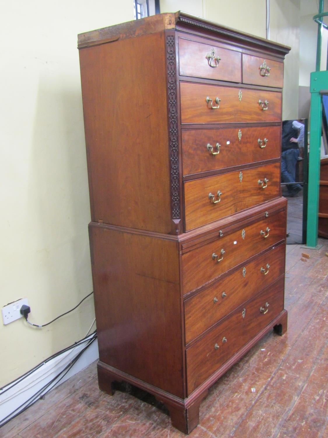 A Georgian mahogany chest on chest of six long and two short drawers with central brushing slide, - Image 2 of 7