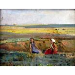 20th century school - Extensive landscape with pair of figures, oil on board, indistinctly inscribed