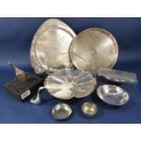 Keswick school type silver plated triform tray, together with a further silver tray, pedestal dish