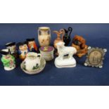 A collection of small decorative ceramics including a 19th century box and cover with postage