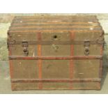 A 19th century fibre and timber lathe bound cabin trunk, with studded leather reinforced corners and