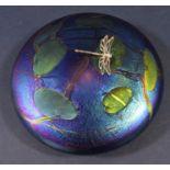 Ditchfield lustre glass paperweight in the form of a lily pad mounted by a silver dragonfly, 14cm