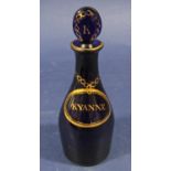 A good antique Bristol Blue scent bottle with gilt highlights inscribed Kyanne with original glass