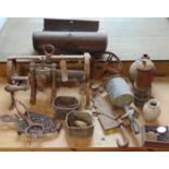 An interesting collection of cottage furnishings including a brass roasting jack and clay pipe kiln,