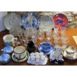 A mixed collection of ceramics and glass to include a pair of decanters etched with scrolled grape