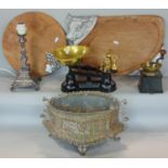Miscellaneous effects including two large timber meat boards with applied pewter mounts, oval