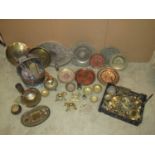 One lot of miscellaneous metal ware, mainly brass including small eastern trays, copper helmet