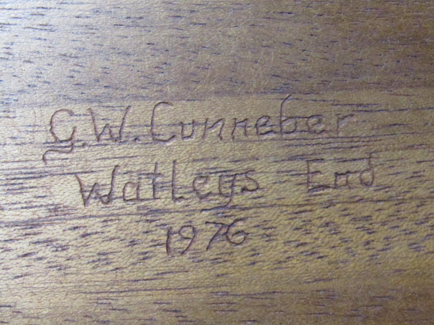 A traditional spinning wheel in beech with turned spindles, stamped underneath G W Cummeber, Watleys - Image 5 of 5