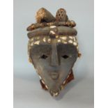 Tribal interest - vintage African full tribal Cameroon head dress, inlaid with shells and mounted