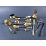 Silver handled scissors and case, three condiments and eight small spoons, butter knife, etc, 5oz