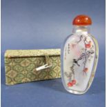Chinese reverse glass painted scent bottle, decorated with birds amidst blossom with amber