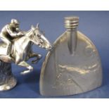 Vintage chrome cast car mascot in the form of a jockey riding a horse jumping a fence, 14 cm high,