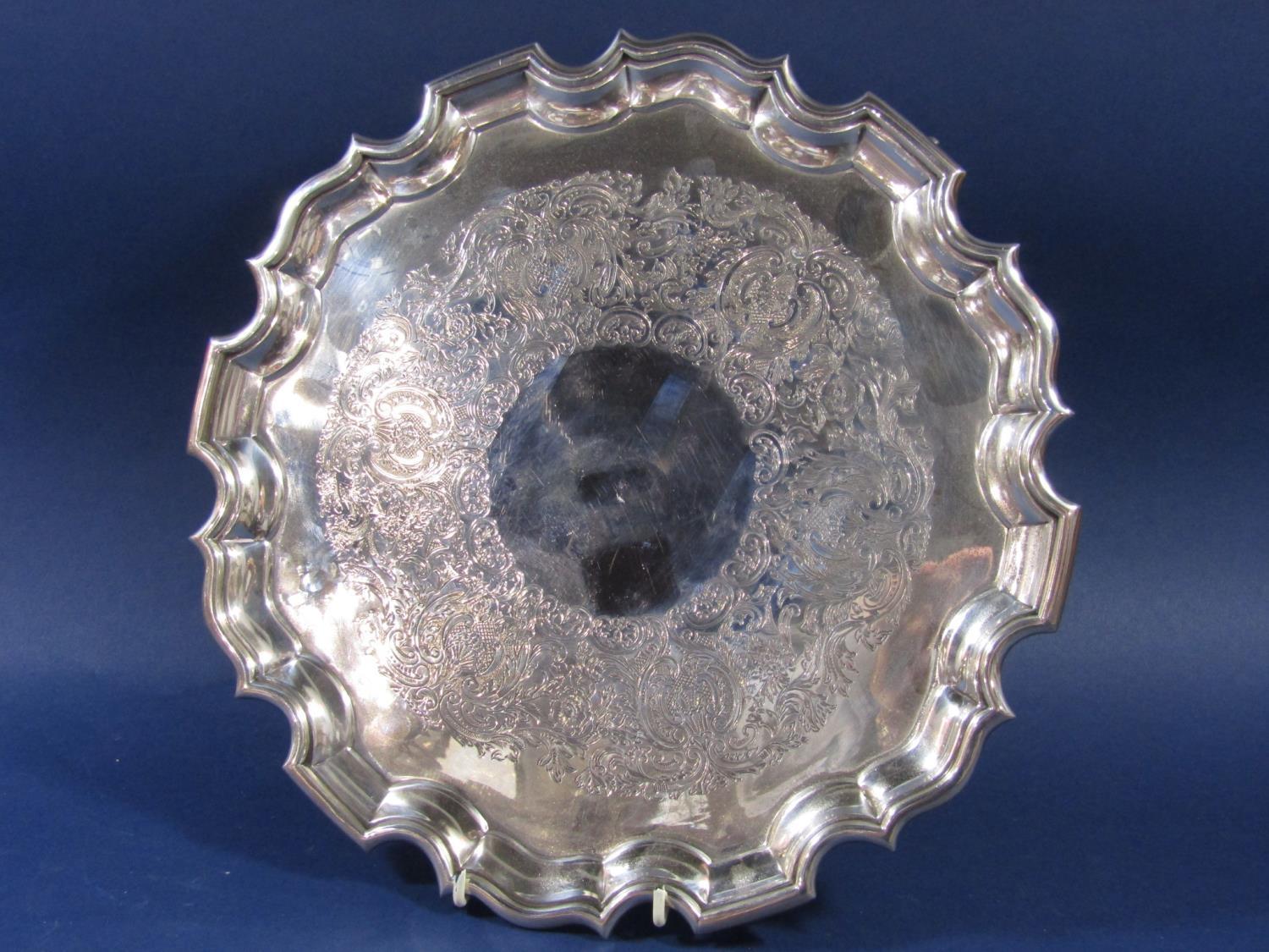 Georgian style early 20th century silver salver, with pie crust rim and engraved foliate decoration, - Image 2 of 3