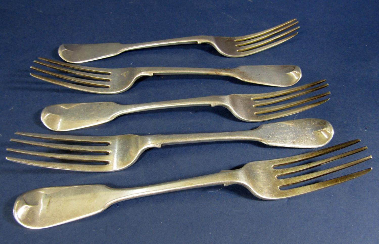 Set of five silver fiddle pattern table forks London 1832, William Collins, with Hawkes Armorial,