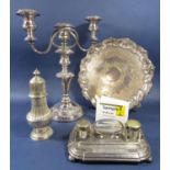 A good collection of silver plate to include a pair of lobed tapered, silver plated wine coasters,
