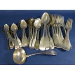 A matched collection of Georgian and Victorian fiddle pattern flatware, mainly Hawkes Armorials,