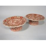 A matched pair of 19th century Kutani type circular dishes raised on circular feet, both with