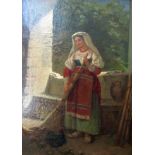 D Simonson? (19th century continental school) - Sunlit courtyard scene with woman sweeping and