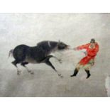 19th century oriental school - Study of a man pulling a reluctant horse, watercolour on paper with