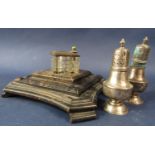 Interesting silver topped cut glass desk standish inkwell, upon and ebonised stepped square