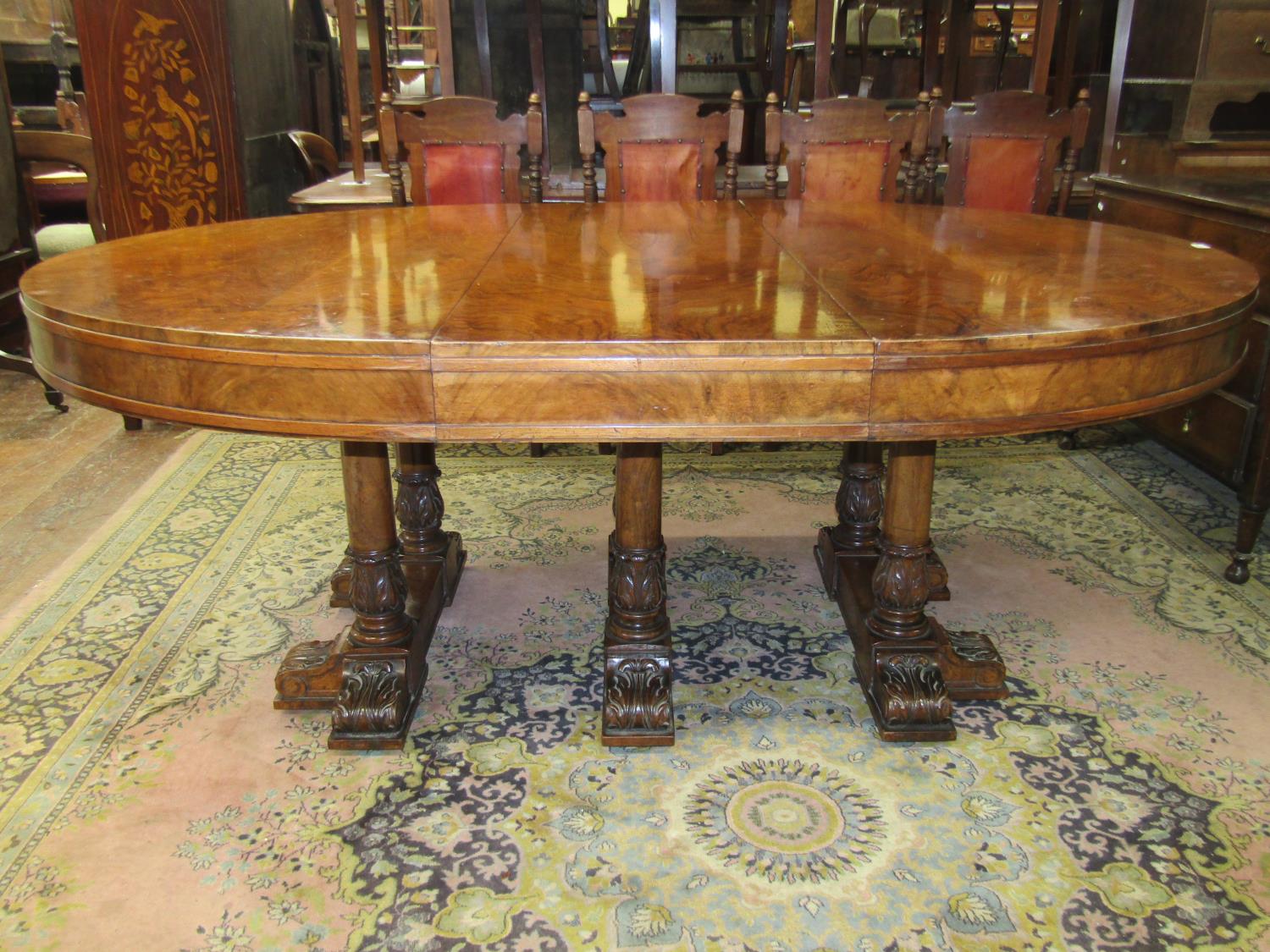 A good quality late Victorian/early Edwardian walnut D end extending dining table, raised on three - Image 9 of 9