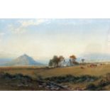 Philip Mitchell R.I. (British 1814-1896) - Landscape with cattle grazing and distant hill fort,