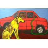 B Mandini (20th century school) - Scene with seated dog, car and male figure, oil on canvas, signed,