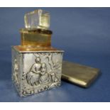 A silver cigarette case with engine turned detail, together with a glass smelling salts bottle