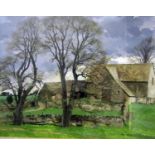 Allan Laycock (British B.1928) - Study of Cotswold barns, acrylic and watercolour on paper,