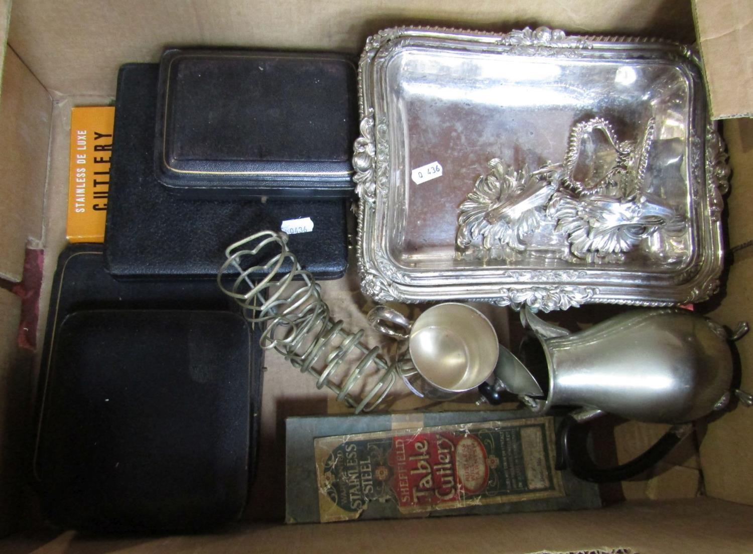A box containing a collection of silver plated wares comprising lidded entrée dishes, toast racks - Image 2 of 2