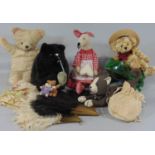 Mixed collection including cat and mouse door stops, teddy bears, feather fans, ceramic frog etc