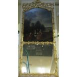 18th century pier glass set beneath an arched canvas depicting a Watteauesque scene of characters