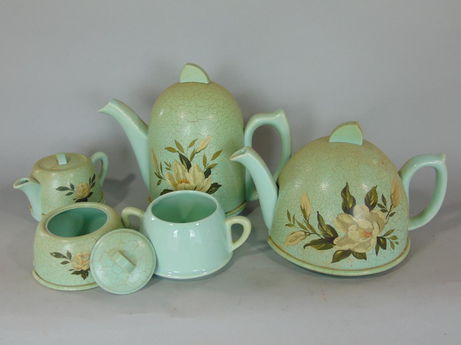 A four piece ceramic tea and coffee set overlaid with timber, with painted detail, two copper - Image 2 of 2