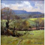 Jane Lampard (Contemporary local artist) - Landscape with sheep grazing and Nibley Monument to