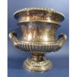 Good quality antique silver plated wine cooler in the form of a twin handled Campana urn, with